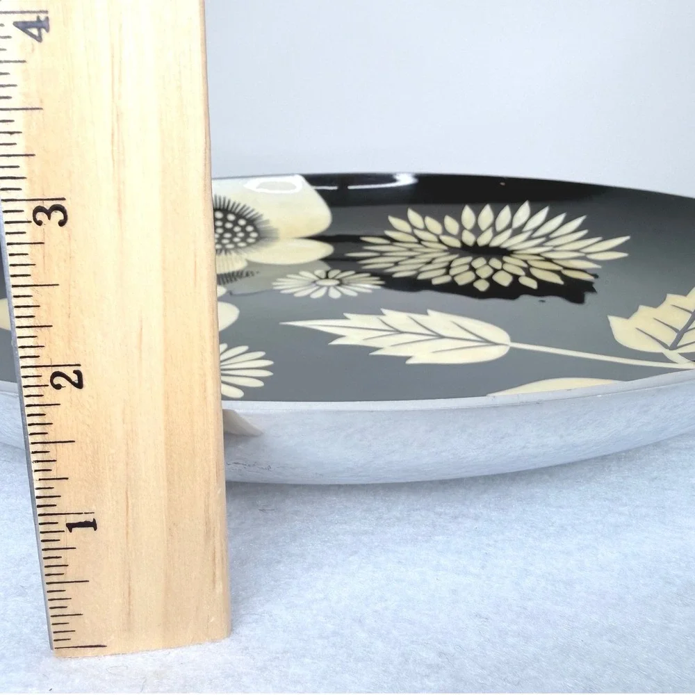 Black Floral Serving Tray Round Metal Retro Boho Mid Century 14 In Made in India